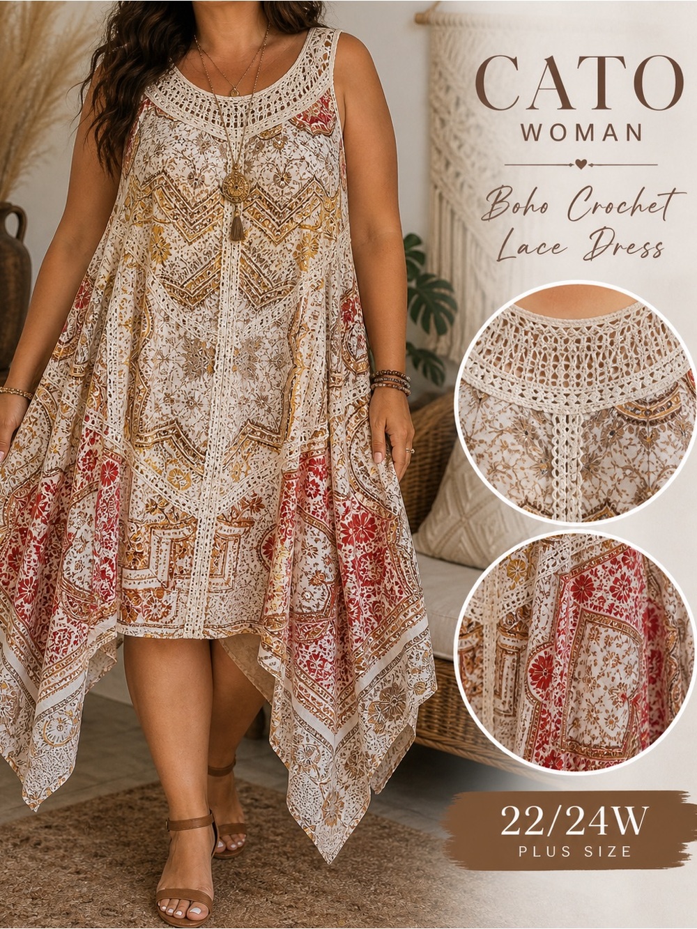 Cato Woman 22/24W Boho Crochet Lace‎ Asymmetrical Tunic Dress Cottagecore